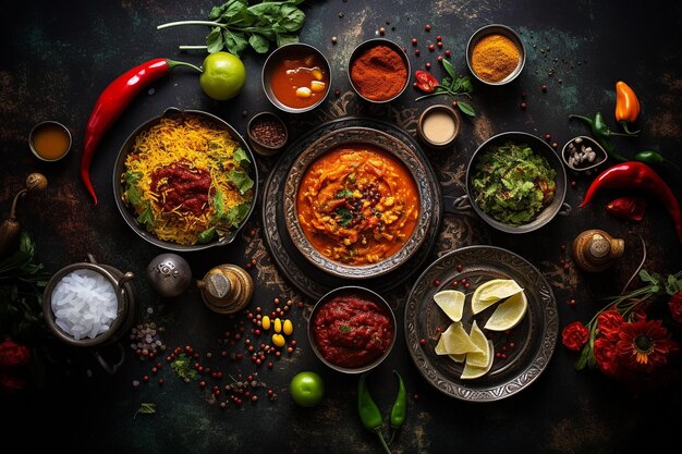 Fotografia aérea de uma variedade colorida de pratos mexicanos sobre uma mesa