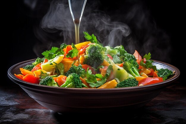 Fotografia aérea de vegetais fritos sendo cozinhados em um fogão a gás