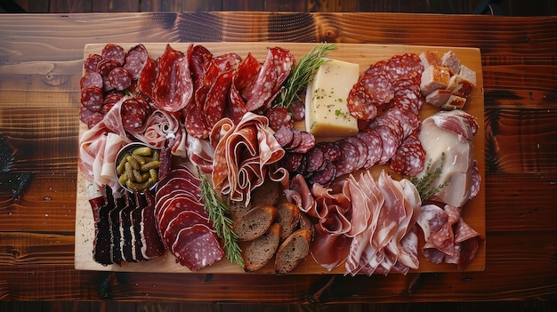 Fotografía aérea de un delicioso tablero de charcutería con carnes variadas en una mesa de madera elegancia culinaria capturada desde arriba