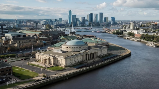 Foto fotografia aérea do museu marítimo nacional em greenwich com um rio e o horizonte da cidade