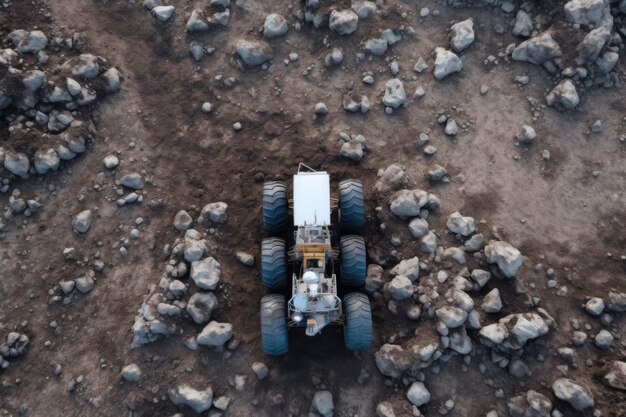 Foto fotografia aérea do rover lunar em meio a um campo de pedras