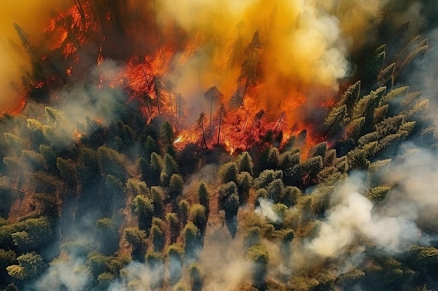 Fotografia aérea do zênite de um incêndio florestal em uma floresta