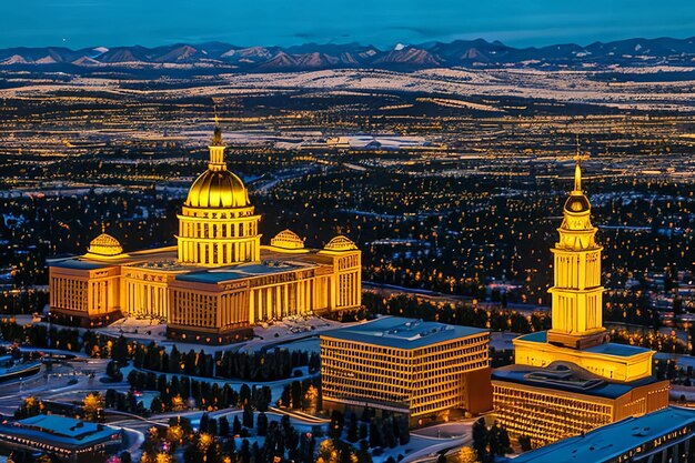 Fotografía aérea de drones Impresionante puesta de sol dorada sobre el edificio de la capital del estado de Colorado y Rocky Mo
