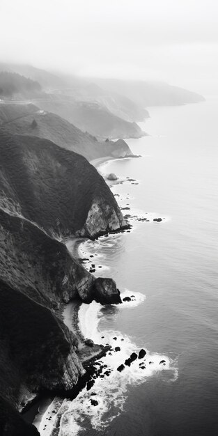 Fotografia aérea em preto e branco de big sur, califórnia