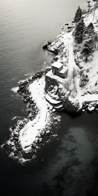 Foto fotografia aérea em preto e branco de uma ilha coberta de neve