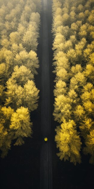 Fotografia aérea em uma estrada isolada com árvores de estilo amarelo escuro e preto