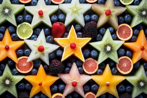 Foto fotografía aérea de una ensalada de frutas dispuesta en un patrón de estrella en un plato blanco
