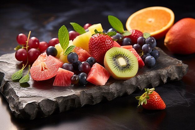 Fotografía aérea de una ensalada de frutas dispuesta en un patrón de estrella en un plato blanco