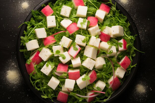 Foto fotografía aérea de una ensalada de sandía y jicama con chile en polvo