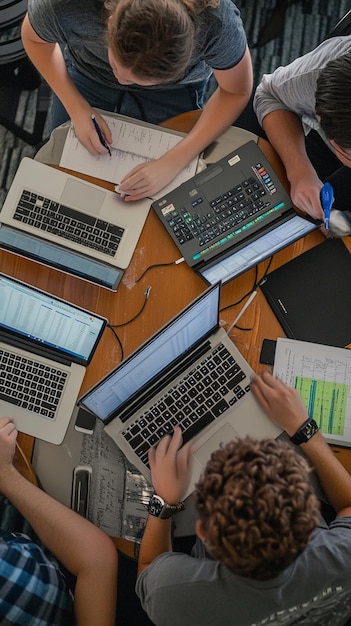 Fotografía aérea de estudiantes usando computadoras portátiles y calculadoras