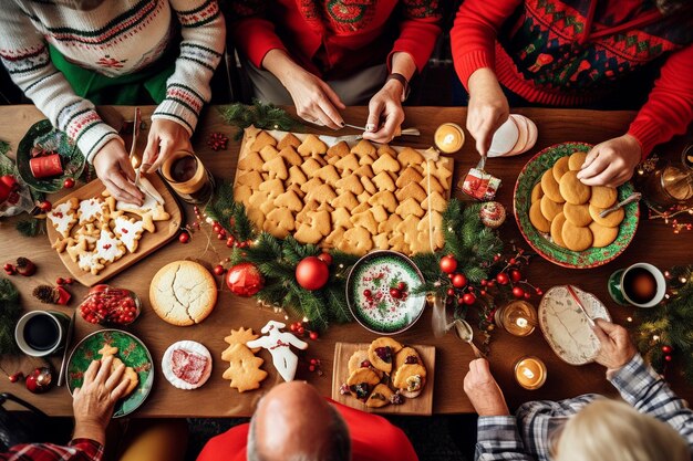 Foto fotografía aérea de una fiesta de decoración de galletas con amigos y familiares