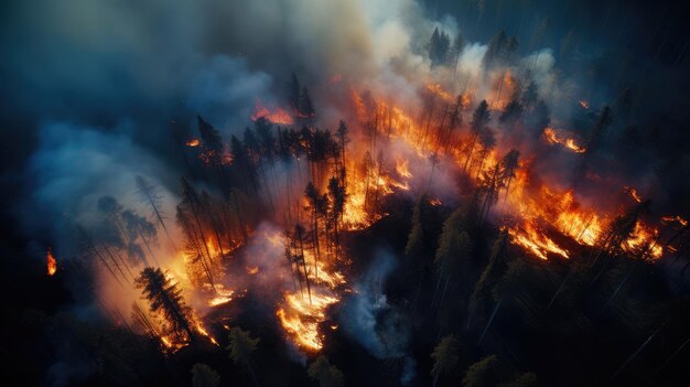 Fotografía aérea a gran altitud de un incendio en un bosque