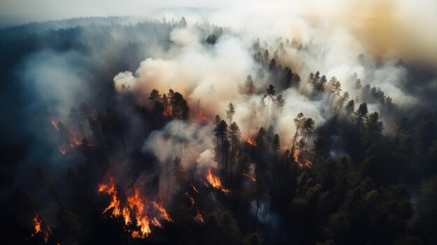 Fotografía aérea a gran altitud de un incendio en un bosque