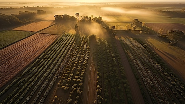 Una fotografía aérea de una granja regenerativa al amanecer con filas de cultivos bien dispuestas