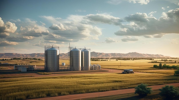 fotografía aérea de una granja y silos en el estilo de renderización realista hiperdetallada