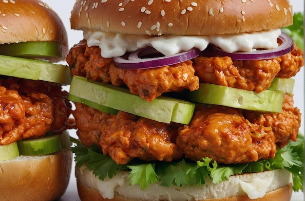 Foto fotografía aérea de una hamburguesa de pollo de búfalo con palos de apio en un fondo blanco