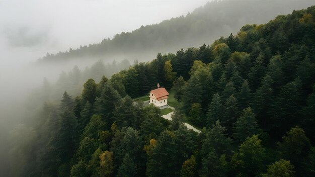 Foto fotografía aérea de un hermoso bosque de árboles cubierto de niebla en la sangre eslovena