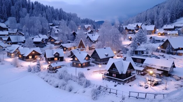 Fotografía aérea de un hermoso pueblo cubierto de nieve en la noche de invierno