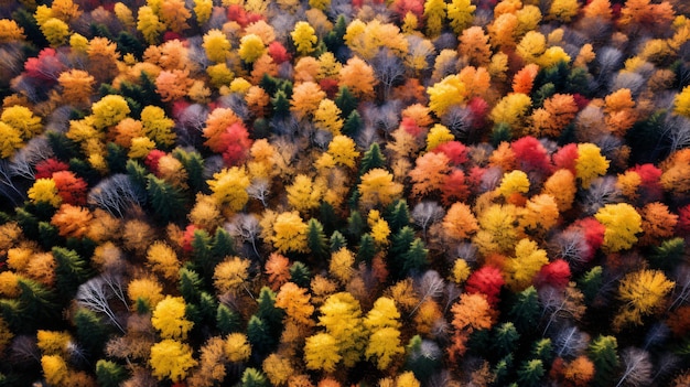 Fotografia aérea impressionante da floresta de outono colorida, ótima para sites com temas naturais