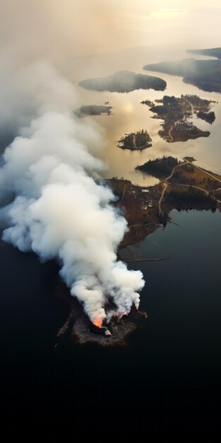 Foto fotografía aérea del incendio de la isla vista amplia de alta definición de la ensenada del lago