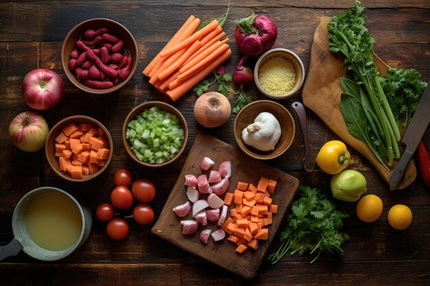 Fotografía aérea de los ingredientes del estofado en una mesa de madera creada con IA generativa