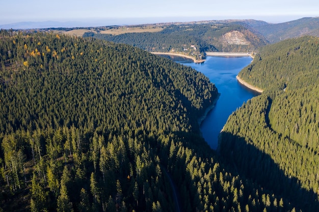 Fotografía aérea de un lago y un bosque