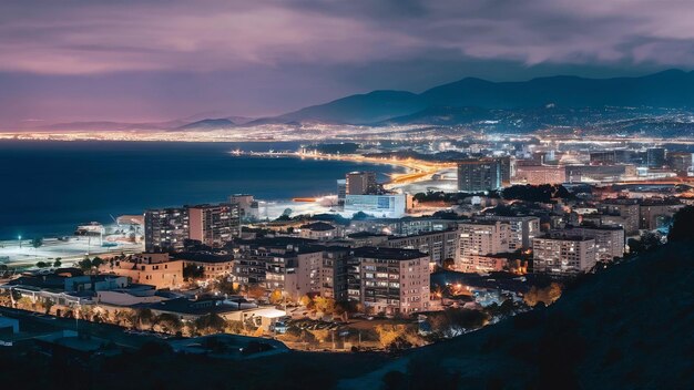 Fotografía aérea de las luces de los edificios de la ciudad por la noche cerca del mar y las montañas