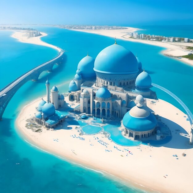 Una fotografía aérea de la majestuosa mezquita musulmana en la superficie de un mar cristalino