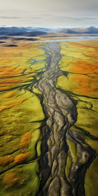 Fotografía aérea de las majestuosas montañas y el desierto del río Iceland39s