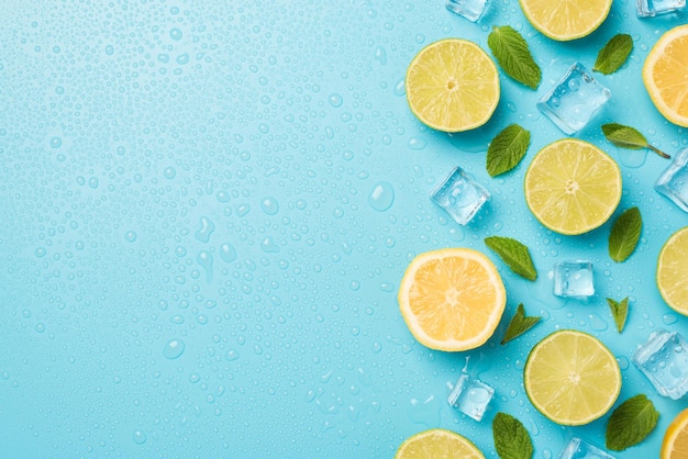 Fotografía aérea de un montón de limas, cubos de limón de menta helada y gotas aisladas en el fondo azul con espacio en blanco