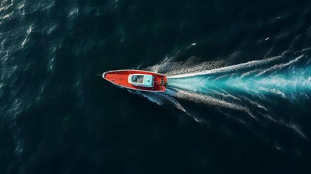 Foto fotografia aérea moody red speedboat navegando no oceano