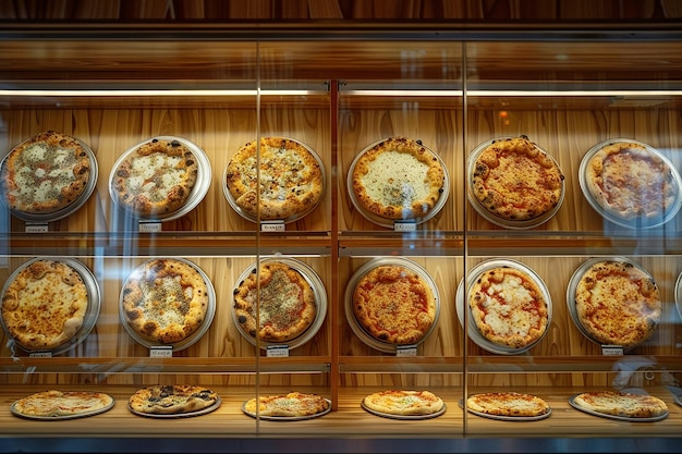 Fotografía aérea de un mostrador de una pizzería con pizzas en exhibición