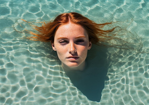 Una fotografía aérea de una niña con pecas tendida en una playa de arena con agua turquesa cristalina