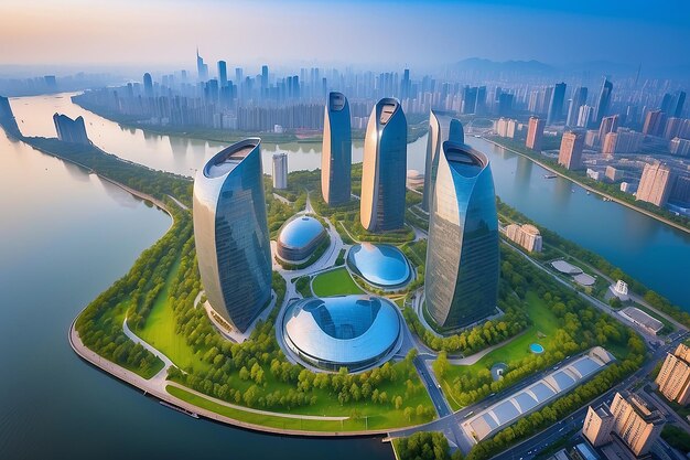 Fotografía aérea del paisaje de la ciudad de Hangzhou y el paisaje arquitectónico moderno en el distrito financiero