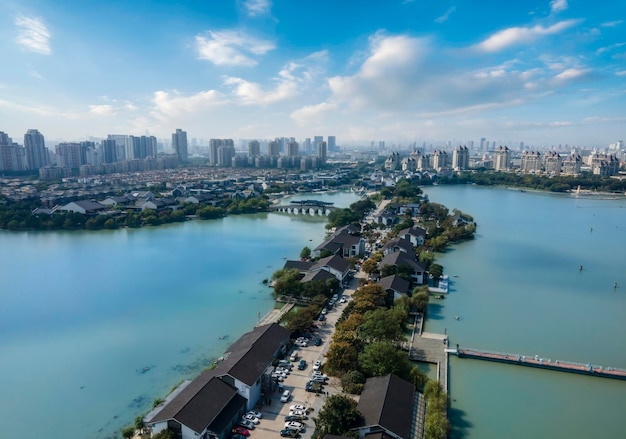 Fotografía aérea del paisaje del jardín de la ciudad de Suzhou