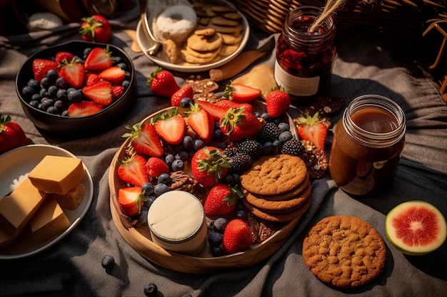 Fotografía aérea de un picnic temático con galletas, frutas y bebidas