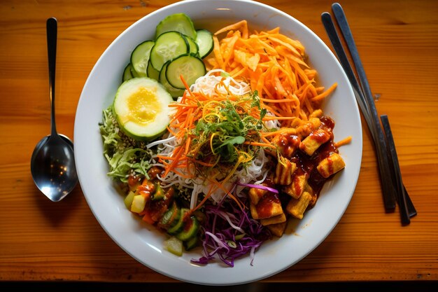 Foto fotografía aérea de un plato de colorido bibimbap de verduras con salsa de gochujang