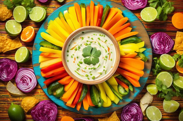 Foto fotografía aérea de un plato de crudites de verduras con hummus y tzatziki