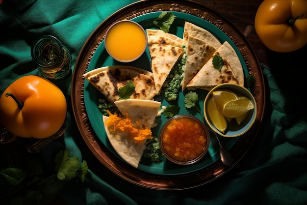 Fotografía aérea de un plato de quesadillas con coloridos rellenos de verduras