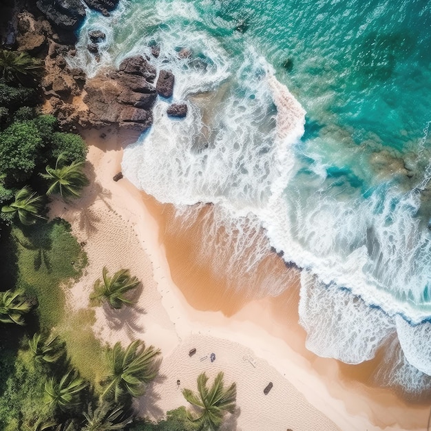 Fotografía aérea de una playa paradisíaca donde los soles del mar rompen en la orilla