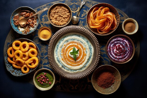 Foto fotografía aérea de un postre indio tradicional con kheer jalebi y gulab jamun