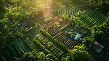 Foto fotografía aérea de prácticas agrícolas sostenibles como la permacultura y la agroforestería