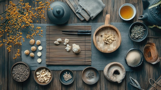 Fotografía aérea de la preparación de té de hierbas