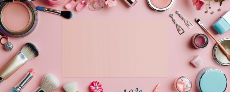 Foto fotografía aérea de productos de belleza y moda para mujeres, incluidos pinceles, pendientes y esmalte de uñas