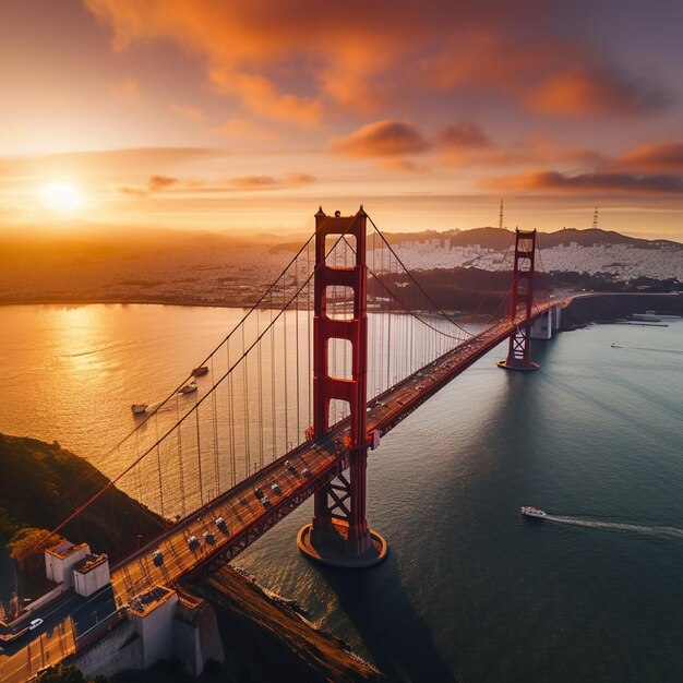 Foto fotografía aérea del puente de la puerta de oro durante una hermosa puesta de sol