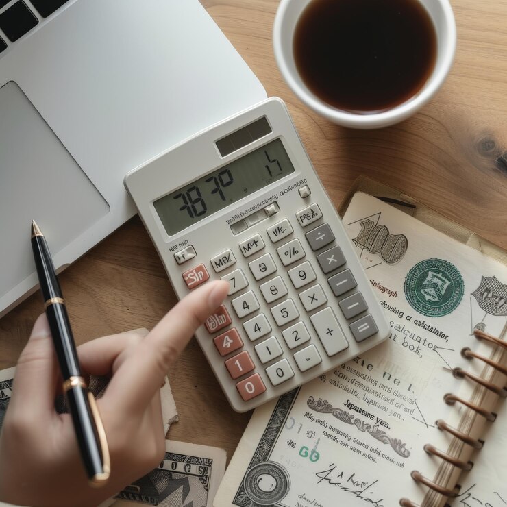 Fotografía aérea que muestra una calculadora, un libro de cuentas domésticas y un bolígrafo colocados en un escritorio con alguien calculando dinero en yenes japoneses