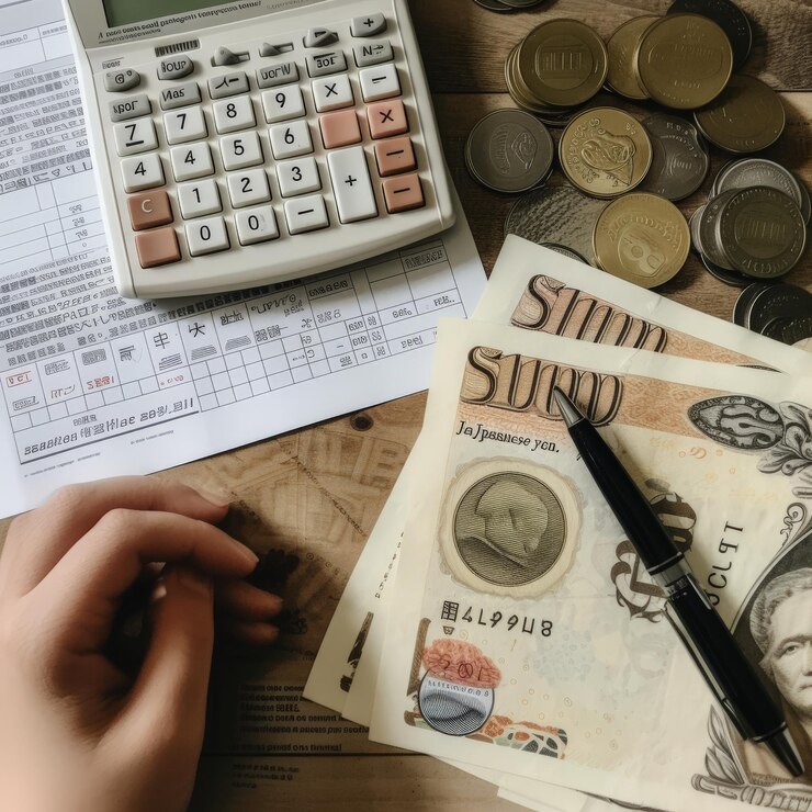 Fotografía aérea que muestra una calculadora, un libro de cuentas domésticas y un bolígrafo colocados en un escritorio con alguien calculando dinero en yenes japoneses