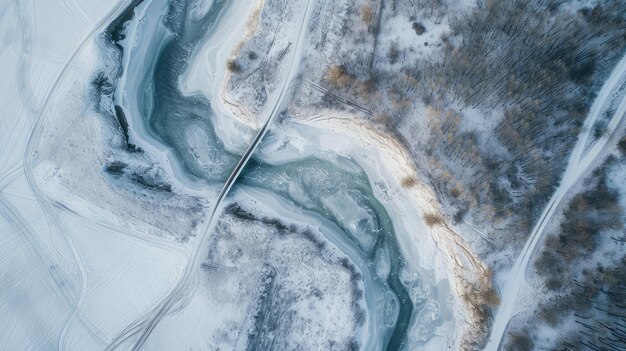 Foto fotografía aérea de un río congelado que se curva a través de un terreno nevado