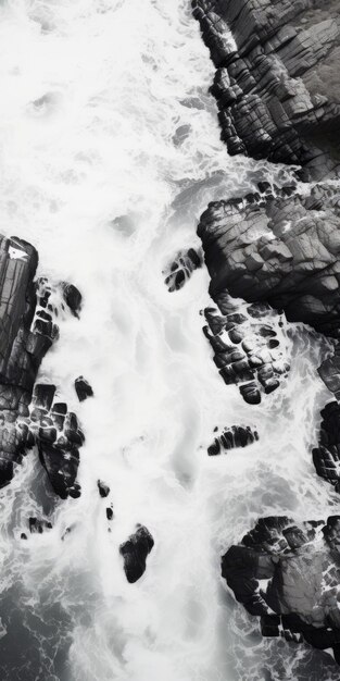 Foto fotografía aérea de rocky beach con agua en blanco y negro