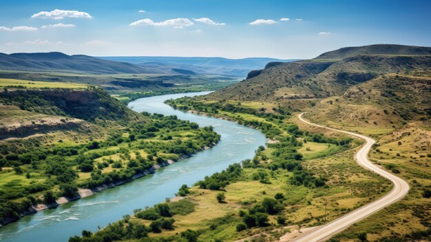 Foto fotografía aérea de la ruta 90 en el puente del río pecos a través del río picos cerca